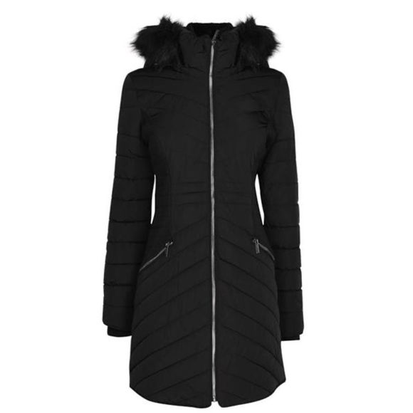 DKNY Long Puffer Jacket Women's quilted stretch panel sides black size large nwt - Picture 1 of 14